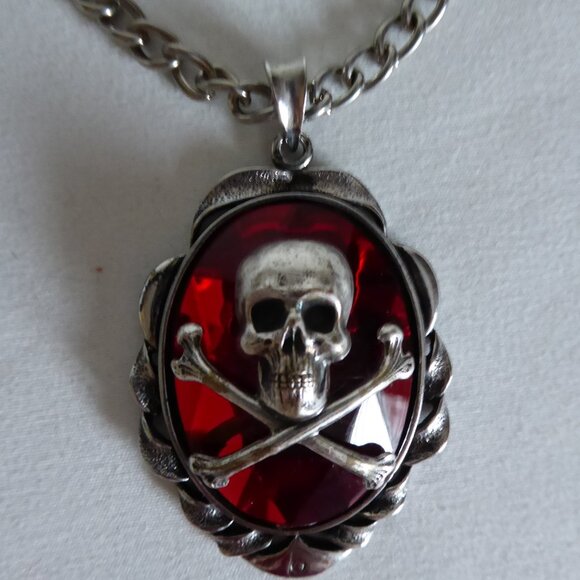 NEW SKULL CROSSBONES BLOOD RED JEWEL PENDANT W/ SILVER 20” CHAIN GOTHIC - Picture 16 of 16